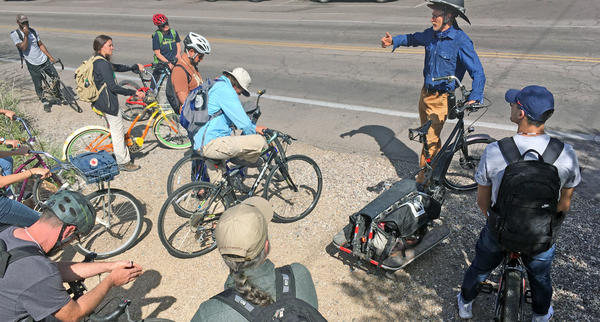 Course participants prepare to head out on a bike tour with author and instructor Brad Lancaster Course participants prepare to head out on a bike tour with author and instructor Brad Lancaster